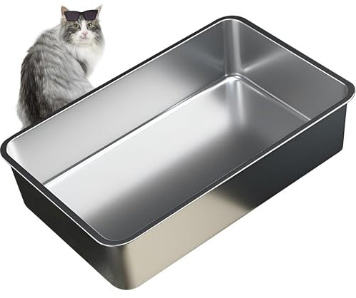 Vealind Stainless Steel Cat Litter Tray Heavy Duty 60L x 40W x15H CM, Metal Non Stick Surface Litter Box for Cats Anti-leakage Easy to Clean Open Top Kitty Litter Pan XL