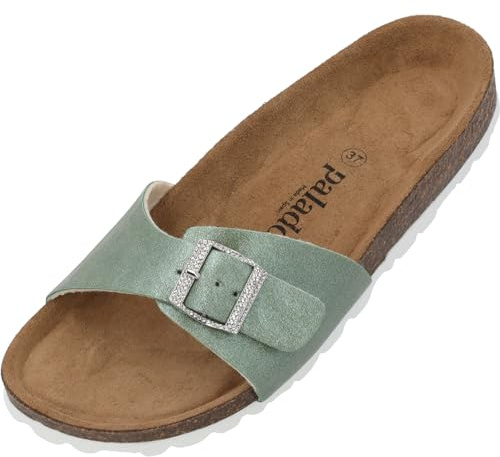Palado Pantoletten Damen Malta Metallic SQS - elegante Sandalen Made in Spain - bequeme Hausschuhe mit Kork-Fußbett - modische Sommerschuhe Mint UK8 - EU41