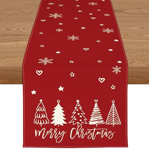 YCOLL Tischläufer Weihnachten Wasserabweisender Tischläufer in Rot, Modernes Weihnachtstischläufer Winter Weihnachtsdeko für Esstisch, Küche & Outdoor Deko