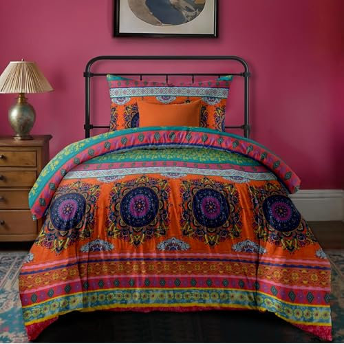 Dreamzie Bohemian Bettwäsche 135x200 cm 4 Teilig Rosa Orange Boho Indischen Mandala Böhmisch Wendebettwäsche Set Bunt Vintage Bettbezüge mit Reißverschluss und Kissenbezug 80x80cm