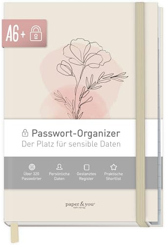 paper&you® Passwortbuch A6+ mit Register A-Z Dainty Flower für 320 Zugangsdaten, Passwort-Manager klein, Passwort Buch deutsch - nachhaltig & klimafreundlich