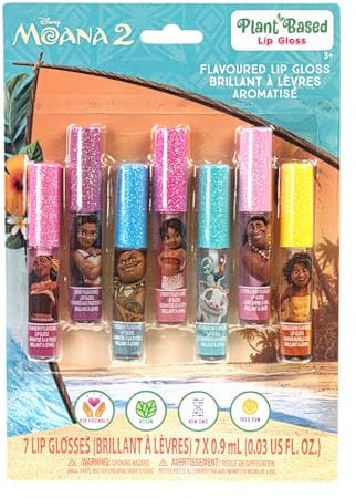 Disney Moana 7 Piece Plant Based Lip Gloss, Girls Party Favors, First Makeup Set for Girl, Perfect for Parties, Sleepovers, and Birthday Gifts, Ages 3+, by Townley Girl