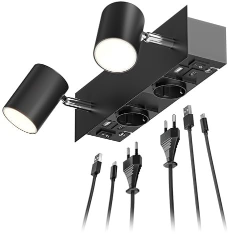 ledscom.de Wandleuchte WAIKA, 2-flammig, Schalter, schwarz, 2 Steckdosen, USB-C, USB-A, 2x GU10 max. 15W