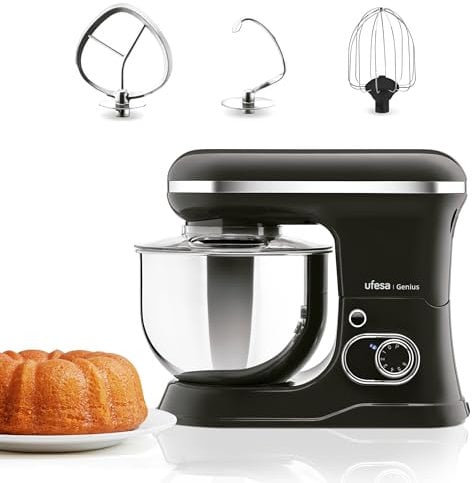 Ufesa Genius 5-in-1 Küchenmaschine für professionelle Backwaren, 1200W, 5L, Multifunktions-Küchenroboter, Edelstahl-Schüssel, 6 Geschwindigkeiten + Turbo, 3 Zubehörteile enthalten, BPA-frei