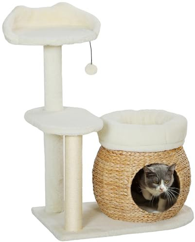 PawHut Kratzbaum 79 cm Katzenbaum mit Katzenhöhle, Bett, Spielbälle, Katzenkratzbaum mit Sisal-Kratzsäulen, für Katzen bis 5 kg, Cremeweiß