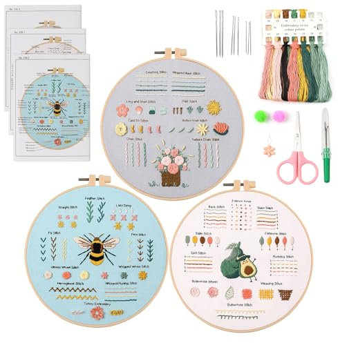 QEEYON 3 Stickset für Anfänger, Sticken Set zum Erlernen von 30 Verschiedenen Stichen, Erwachsene Stickerei Set, Inklusive Stoff mit Aufdrucken, Fäden, Nadeln, Rahmen und Tutorials