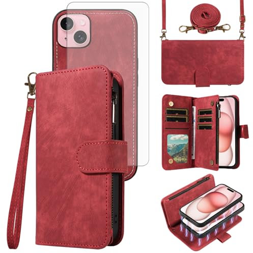 Phone Case for iPhone 15 6.1 inch Zipper Wallet Detachable Magnetic Cell Cover with Tempered Glass Screen Protector Crossbody Lanyard Strap Flip Card Holder Slot i Phone15 i15 15Case Women Red