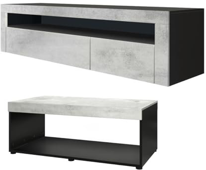 Vladon Wohnzimmer-Set Berlin, bestehend aus 1 TV-Board mit 1 offenem Fach und 2 Klappen und 1 Couchtisch, Schwarz matt/Beton Oxid Optik