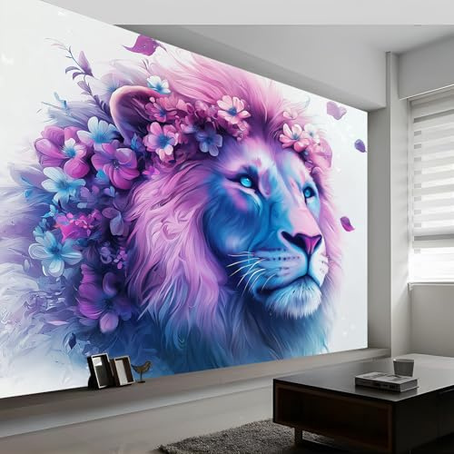 Fototapete Vlies 3D Wanddeko Wandbild Wandtapete, Tapete Psychedelischer Löwe Blumen Motivtapeten für Wohnzimmer Schlafzimmer Kinderzimmer 400 x 280 cm, Rosa Blau