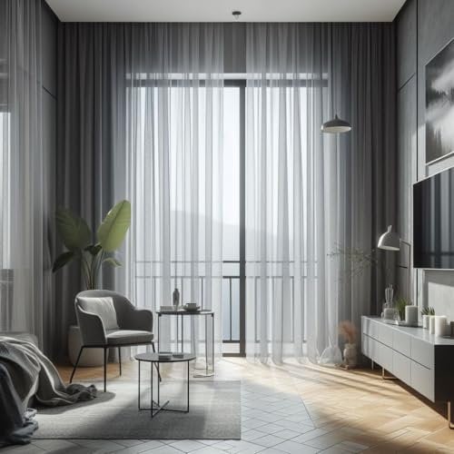 GARDINESTAN JUNG CFO GmbH Grau Halbtransparenter Gardine mit Kräuselband und Bleiband, Verschiedene Größen ''2 er Set''245 X 150 HxB