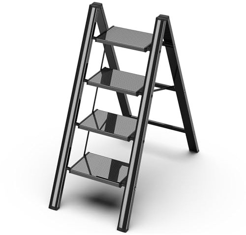 GameGem Escalera de 4 Peldaños, Taburete Plegable con Plataforma Ancha Antideslizante de Aluminio Ligero Pero Resistente, Carga Máxima 150 kg, Diseño Moderno para Espacios Domésticos Interiores