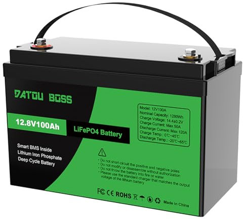 DATOUBOSS Batteria al Litio 12V 100Ah LiFePO4, BMS 100A Incorporato, Fino a 15.000 Cicli Profondi, Uscita Massima 1280Wh, Supporto Collegamento in Serie/Parallelo, per Camper, Sistema Solare