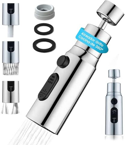 VIPA Adaptador Grifo Cocina - 3 Modos Ajustable - Aireador Grifo Cocina de 360º con Adaptador - Adaptador Universal para Grifos - Boquilla de Grifo Universal - Grifo Filtrado a Prueba de Salpicaduras
