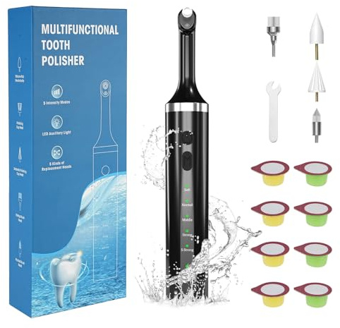 Tooth Polisher, Plaque Remover for Teeth, Tooth Polishing Kit Cleaner Tools | with 5 Brush Heads, 8 Polish Pastes, 5 Speed Modes, LED Light, IPX6 Waterproof, for Teeth Whitening, Perfect for Home Use