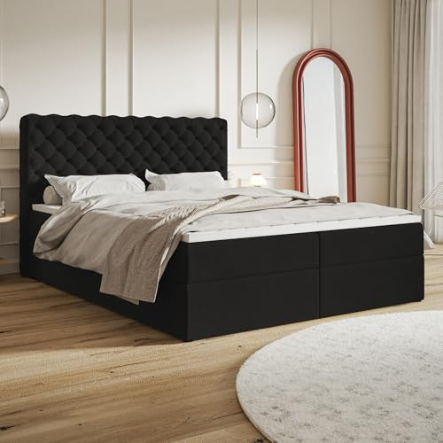 MOTIVENA Nero Chesterfield Boxspringbett 140x200 mit Bettkasten und Topper, Polsterbett 140x200 mit Bettkasten, Bonell-Matratze (H4), Visco Topper (H2), Samt, Schwarz