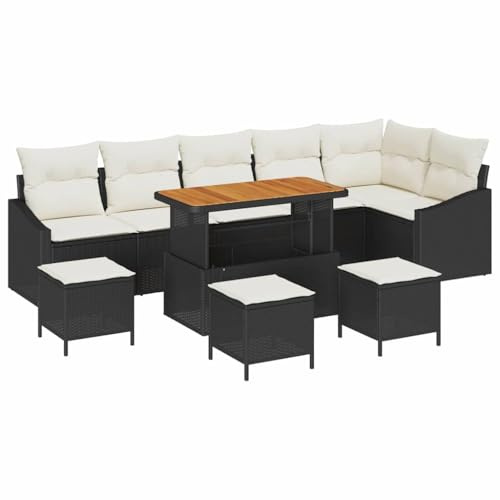 vidaXL Garten-Sofa-Set mit Kissen 10 pcs Schwarz Poly Rattan, Garten- und Terrassensofa-Set, rechteckig, modulare Form, verstellbare Füße, wetterfester, robuster Rattan-Stil
