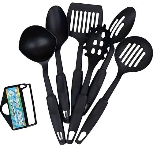 NTEK Kitchen Utensils Set—6 Pcs Silicone Cooking Tools for Non-Stick Cookware—Heat Resistant, Non-Scratch, Dishwasher Safe—Includes Turner, Ladle, Spatula, Spoon & Pasta Server (Black)