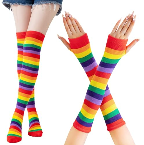 CWENDANER Regenbogen High,Overknee Strümpfe Damen Mädchen,Socks Lange Socken Volleyballsocken Sportsocken mit fingerlosen Handschuhen Set für Party, Halloween Kostüme