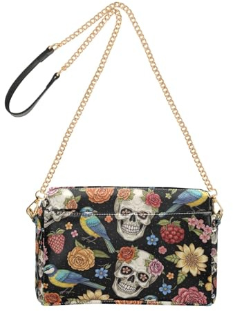 Joitme Damen-Umhängetasche, Geldbörse, Vintage, Totenköpfe, Vögel, Blumen, Handytasche, niedlicher Kettenriemen, PU-Leder, Schultertasche