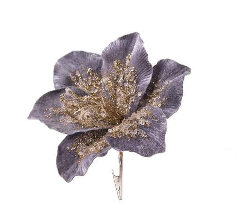 Velvet Poinsettia Floral Picks, Glitter Artificial Poinsettia Flowers,for Xmas Tree Wedding Garland Wreath Decoration(Purple)