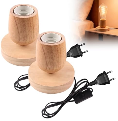 PORFOYO Holzsockel Kleine Tischlampe, Eu-Plug Holzsockel, Holz Tischlampe Mit E27 Fassung, Eiche, Lampe Mit Schalter Für Schlafzimmer, Wohnzimmer Oder Büro, Bar, Café (Ohne Glühbirne)