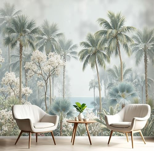DACRWEKZ 3D Panoramic Wall Mural Palm Trees and Birds Photo Wallpaper, Tropical Plants Photo Wallpaper Silk Wall Art, Light Green Mural for Bedroom Living Room Decor 300 x 210 cm