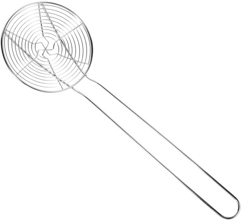 GARVALON Stainless Steel Oil Colander with Long Handle Heat-Resistant Cooking Skimmer for Noodles Hot Pot and Dumplings Kitchen Fine Mesh Strainer for Safe and Convenient Food Drainage