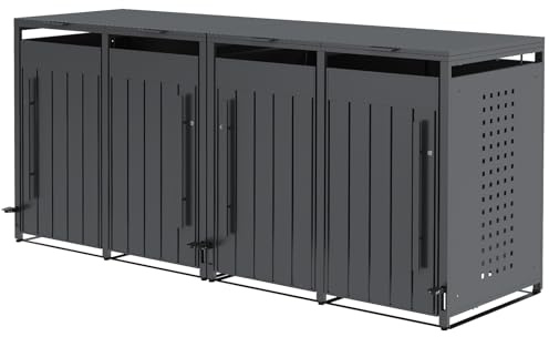 OMERAI Premium Quadruple Wheelie Bin Storage with Foot Pedal, 240L Outdoor Garden Bin Hideaway, Weather-Resistant Powder-Coated Steel in Anthracite, Assisted Lifting Lid & Lock, 80 x 264 x 116 cm