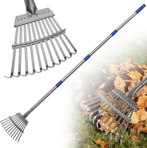Gixmuoiy Garden Rake for Leaves, Heavy-Duty Small Metal Rake for Lawn, Yard, Garden Beds, Debris & Shrubs, 6 ft Adjustable Handle for Kids and Adults