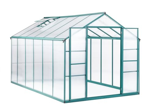 Euboer Serre en aluminium avec fondation 361 x 238 cm – 8,59 m² – Serre à tomates résistante à l'hiver en verre gris – Serre de jardin stable pour balcon et jardin (vert, 361 x 238 x 226 cm)