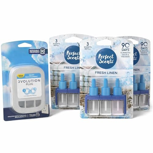 Perfect Scents Air Freshener Plug-In Starter Kit – FRESH LINEN – Includes 1 x Smart Programming 3volution DEVICE PLUG & 3 x Refill Bottles 3 Alternating Scents for Odour Elimination Up to 90 Days