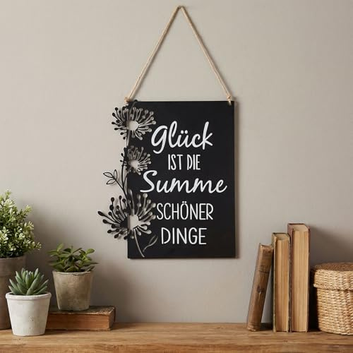 levandeo Wandbild Metall Glück Schwarz Weiß Spruch Blumen Wanddeko Metallschild Jute Metallbild Schild Wohndeko Blumendekor Floral
