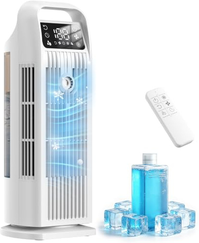 Portable Air Cooler, 6 in 1 Air Conditioner 1200ML Evaporative Air Cooler with Remote Control, 120° Oscillating 4 Speeds 12H Timer Mist Spray Tower Fan for Home Office White