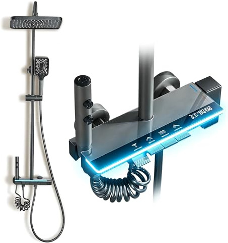 Colonna Doccia Grigio Titanio Con Testa Quadrata DEWINNER - Display a LED-Colonna Doccia 4 Modalità e Altezza Regolabile - Testa, Getto, Rubinetto e Soffione Doccia