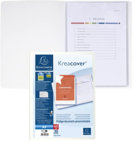 Exacompta - Réf. 58309E - 1 Protège-documents personnalisable Kreacover Chromaline - 30 pochettes cristal lisse - 60 vues - pour A4 - dim 24 x 32cm - couverture en polypro rigide - couleur blanc