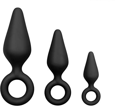 Schwarze Buttplugs mit Rückholring - Set