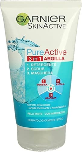 Garnier Skin Active Pure Active 3In1 Argilla, Pelli Miste - Con Imperfezioni Detergente + Scrub + Maschera, 150 Ml, 14.5 x 8 x 4.5 cm; 150 ml