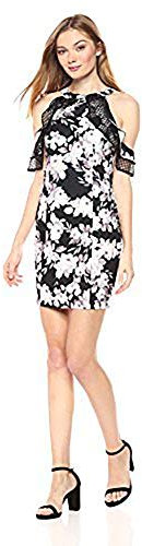 bebe Damen Floral Printed Sheath Dress with Cold Shoulder Ruffle Sleeve Cocktailkleid, Schwarz/Mehrfarbig, 32