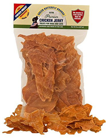 Green Butterfly Brands Chicken Jerky - Dog Treats Made in USA Only - 1 Ingredient: USDA Grade A Chicken Breast - No Additives or Preservatives - Grain Free Snack, All Natural Premium Strips, 8 Ounces