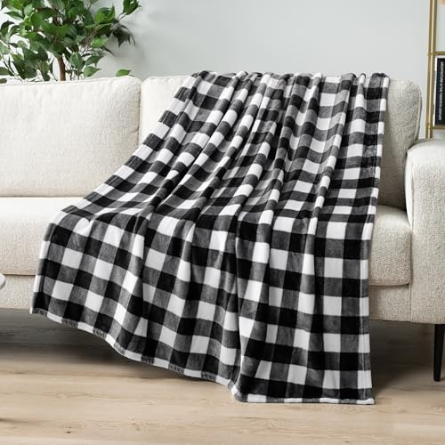 PAVILIA Schwarz-weiße Buffalo Plaid Fleece Überwurf Decke für Couch, weiche Karierte Flanelldecke für Sofa, Karierte Weihnachtscouch, Überwurf, Bett, warm, gemütlich, dekorative Decke,