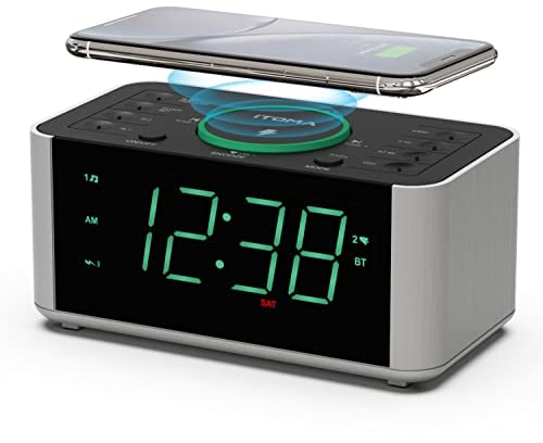 iTOMA Radiowecker Kabelloses Laden, Snooze, Digitales UKW-Radio mit Bluetooth Dual Alarm, Dimmer LED Anzeige, Nicht tickende Uhr 206