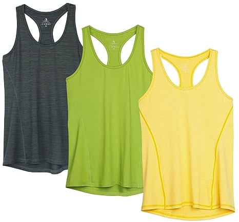 icyzone Débardeur de Sport Femme Dos Nageur Yoga Shirt sans Manches Running Fitness Tank Top, Lot de 3 (XS, Bleu Noir/Vert d'herbe/Jaune/)