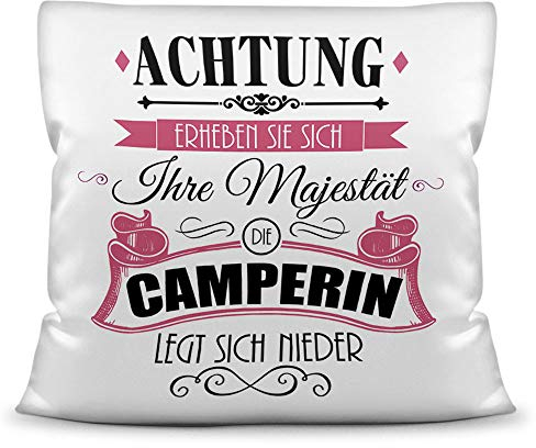 PR Print Royal Kissen mit Spruch für Camper - Ihre Majestät die Camperin legt Sich nieder - Camping/Urlaub/Deko Wohnmobil/Geschenkidee - Kissen Weiß