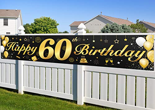 60. Geburtstagsfeier Dekorationen Banner für Männer und Frauen, wesentliche Dekoration für 60. Geburtstagsfeier, Lange Größe Schwarz und Gold 60. Geburtstag Banner 210 × 40 cm (82,7 × 15,7 Zoll)
