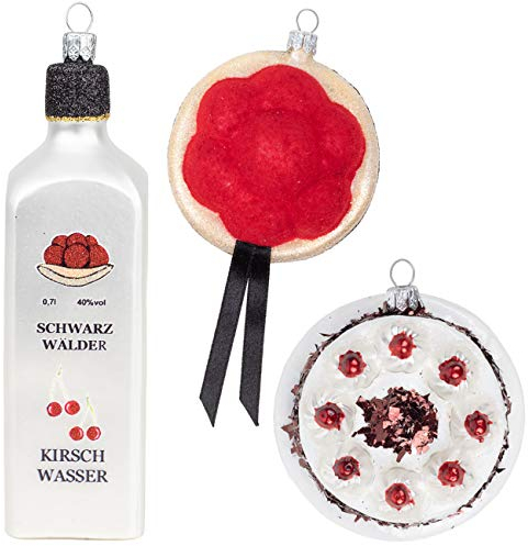 Impuls Weihnachtskugeln Schwarzwald Set | Bollenhut Kirschwasser & Schwarzwälder Kirschtorte | Geschenk Weihnachten Christbaumschmuck Geschenkset | handbemalt und mundgeblasen
