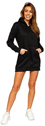 BOLF Damen Sweatkleid Lang Sweatshirt Longshirt Oversize Hoodie Tunika Sportkleid Kapuzenpullover Kapuzenkleid Weich Und Bequem Hochwertiger Baumwollmischung Basic YS10003 Schwarz XL [A1A]