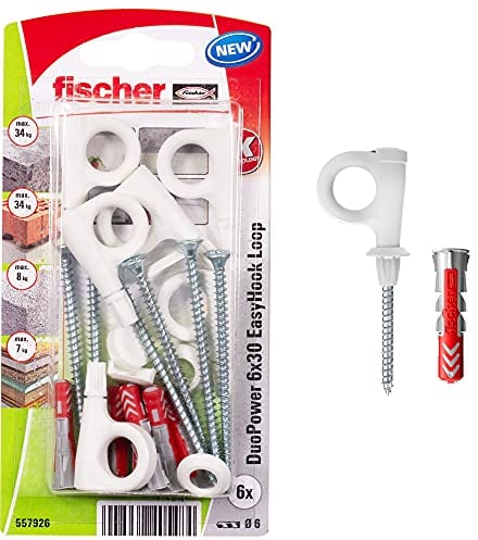 Fischer EasyHook Loop 6, set da 6 Ganci a Occhiello e 6 Tasselli DuoPower 6 x 30 mm, Montaggio Facile e Veloce Senza uso di Pinze su Muro, Mattoni Forati, Cemento, Legno, Soffitto, bianco, 557926