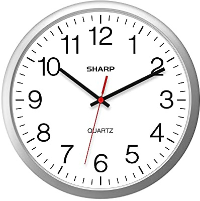 Sharp Wanduhr, silberfarben, geräuschlos, Nicht tickend, 35,6 cm, hochwertig, Quarz, batteriebetrieben, rund, leicht zu lesen, für Zuhause/Küche/Büro/Klassenzimmer/Schule, Uhrwerk, Sweep-Uhrwerk