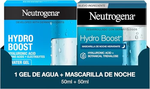 Neutrogena Hydro Boost Gel de Agua (1 x 50 ml) + Mascarilla de Noche Hidratante (1 x 50 ml), rutina de cuidado facial hidratante completa, apta para pieles sensibles, con ácido hialurónico