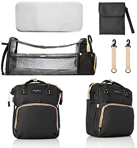 Laylani Baby Wickelrucksack Schwarz mit Ausziehbarem Bett, extra Wickeltasche mit Wickelunterlage, Reisetasche mit Haken für Kinderwagen / Buggy – Diaper Bag pack, 40x20x30 cm